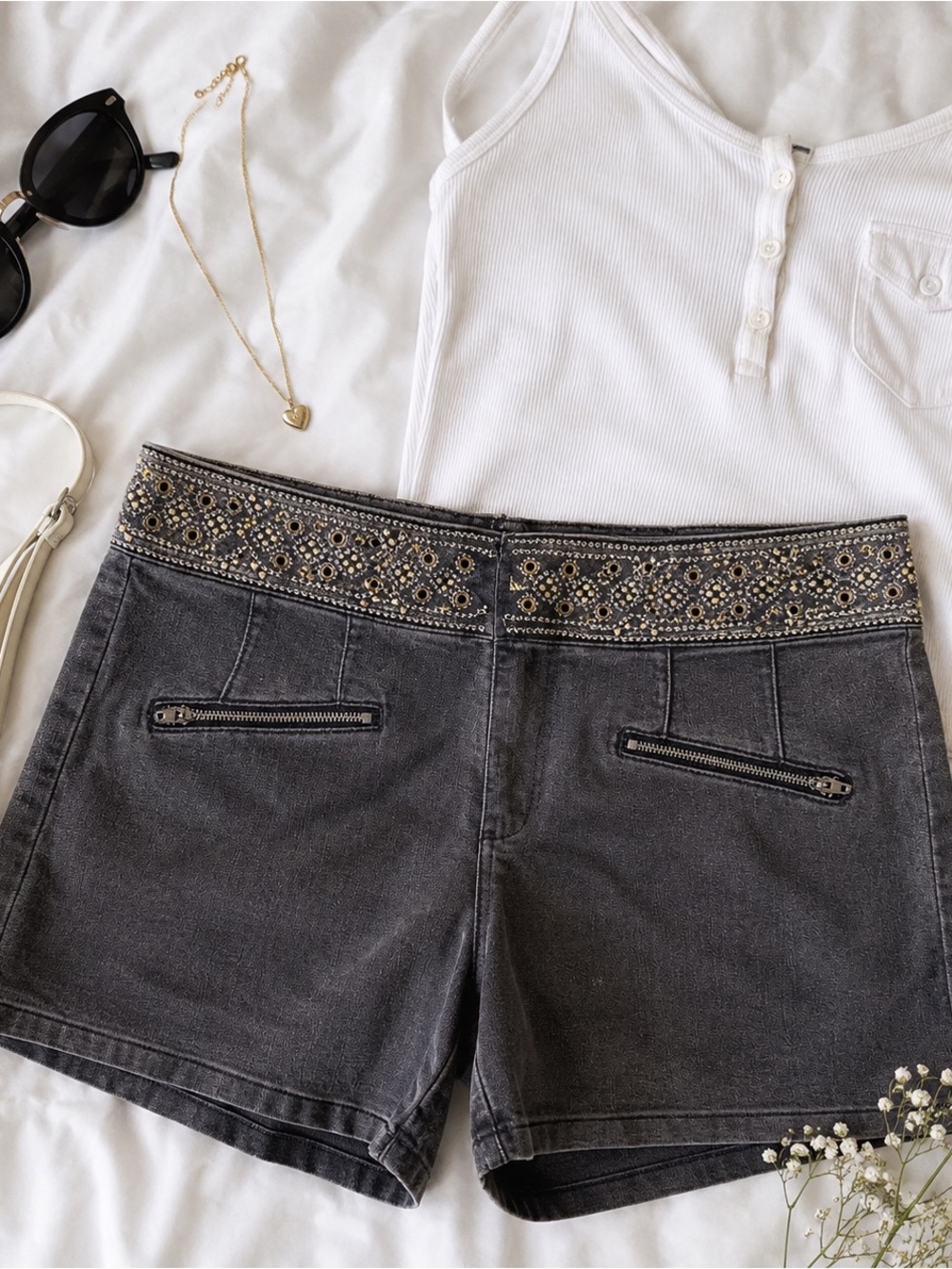 Volcom Black Acid Wash Embellished Shorts Size L‎
